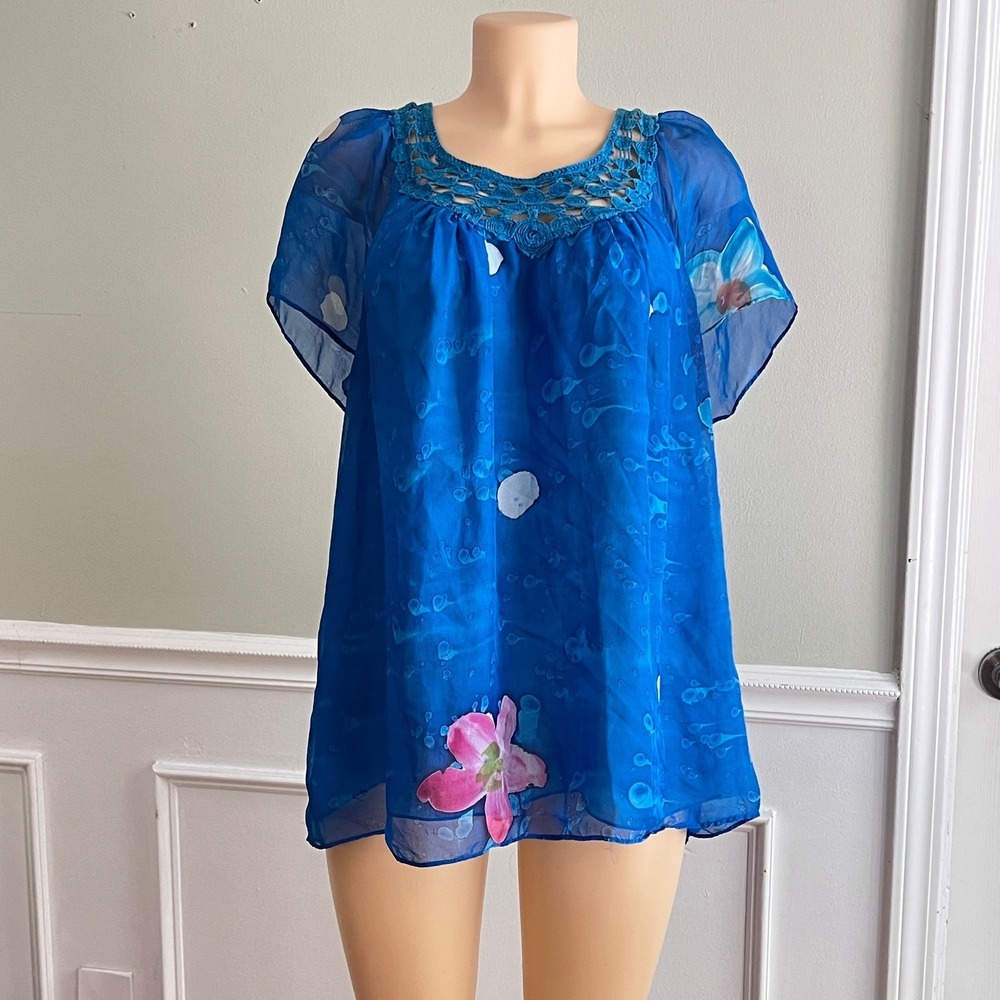 Soft Surroundings Silk Floral Blouse Womens XL Crochet Neck Blue Boho Tunic Top